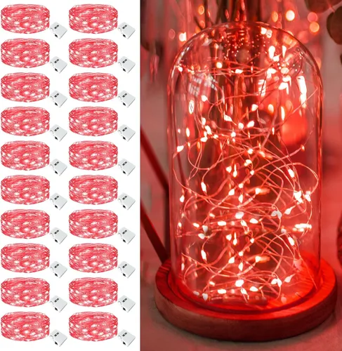 Vista 12 de Paquete de 6 Luces de Hadas a Batería - 7 pies 20 Luces LED Parpadeantes 3 Modos, Mini Luces de Cadena a Granel Impermeables para Frascos Mason Rojo