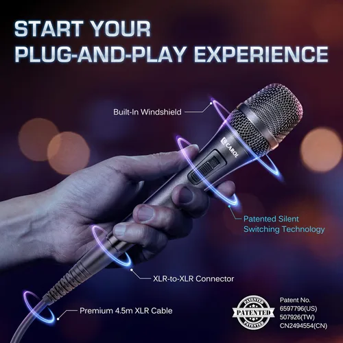 Vista 6 de CAROL AC-910S XLR - Micrófono vocal con cable - Micrófono cardioide dinámico con tecnología de cancelación de ruido de doble motor AHNC para cantar