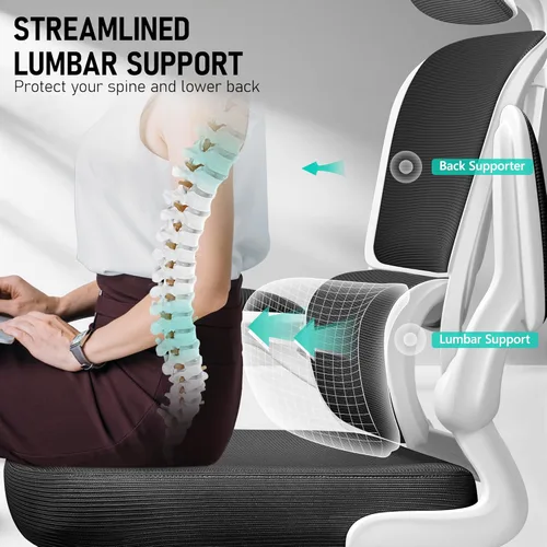 Vista 8 de Silla de oficina ergonómica de respaldo alto, silla de escritorio de malla transpirable con soporte lumbar, reposacabezas ajustable, reposabrazos