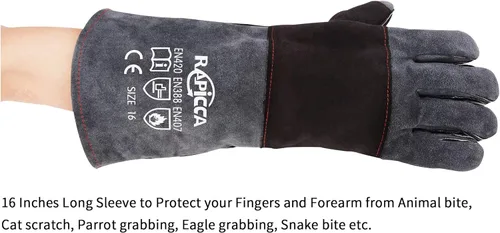 Vista 7 de RAPICCA Guantes de manejo de animales, a prueba de mordeduras, doble acolchado reforzado de cuero, para perro, gato, gato, manejo de pájaros