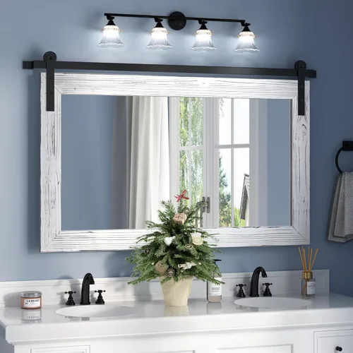 Vista 49 de COGOOD Espejo de puerta de granero de granja, 25 x 18 pulgadas, espejo decrativo con marco de madera rústica para baño, sala de estar, decoración