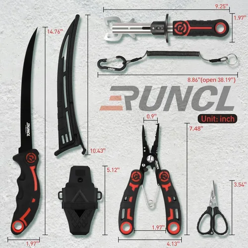 Vista 8 de RUNCL - Juego de herramientas de pesca de 4 piezas, alicates de pesca, cuchillo de filete de pescado con afilador, pinza de labios de pescado