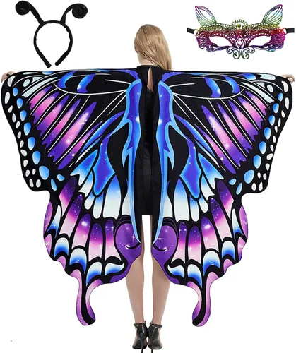 Disfraz de mariposa para mujer, disfraz de Halloween con alas de mariposa para mujer, con máscara de encaje y diadema de antenas