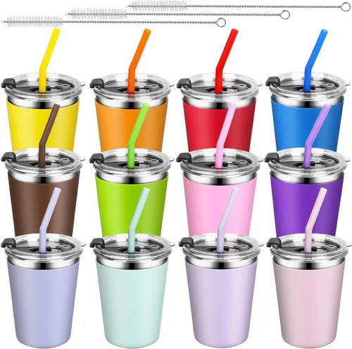 Vista 9 de ShineMe Vasos para niños pequeños con pajitas a prueba de derrames, vasos reutilizables de acero inoxidable de 12 onzas con pajillas, tapas y fundas
