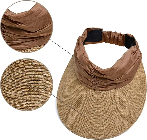 Vista 4 de Sombrero de visera para mujer, de ala ancha, con paja, enrollable, para cola de caballo, verano, playa, protección UV, UPF 50+, plegable, gorra