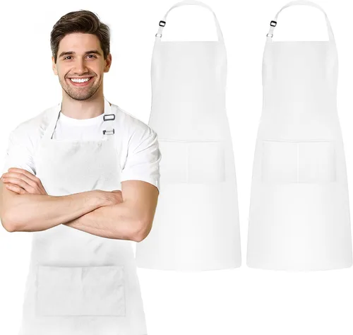 Vista 13 de Adjustable Bib Apron 100% Polyester Kitchen Aprons Waterdrop Resistant Aprons with Adjustable Strap, Pockets & Long Ties