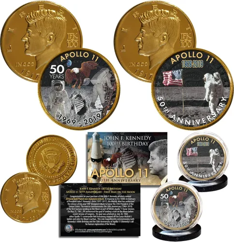 Apollo 11 50 aniversario 1er hombre en la luna JFK 100 Bday 24K oro revestido 2 monedas