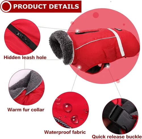 Vista 2 de Abrigo de perro cálido reflectante chaqueta de invierno, impermeable a prueba de viento para perros fríos, forro polar grueso para mascotas, chaleco