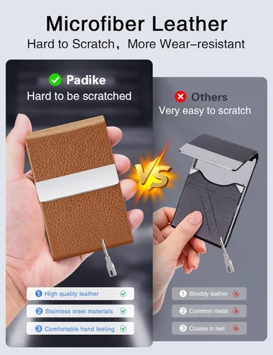 Vista 3 de Padike - Tarjetero de cuero para tarjetas de presentación, estuche metálico para tarjetas de nombre, tarjetero profesional delgado con cierre