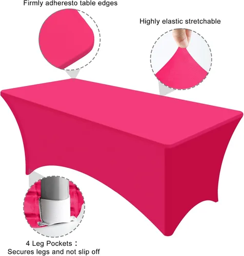 Vista 3 de PLULON Paquete de 2 manteles rectangulares de elastano ajustable de 6 pies, color rosa intenso, lavable, protector de mesa para patio, picnic, boda