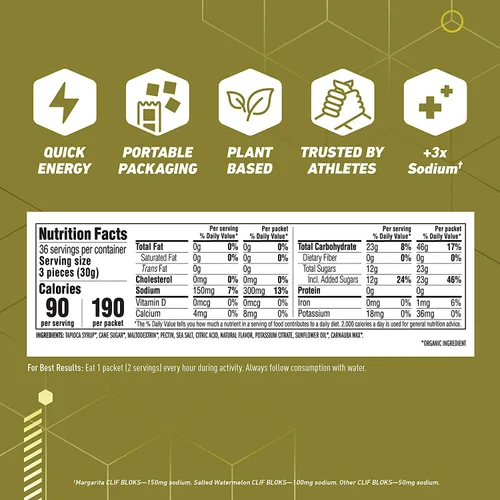 Vista 2 de CLIF BLOKS - Masticables energéticos - Margarita con sal 3 veces más sodio para electrolitos añadidos- Sin OMG - Alimento a base de plantas