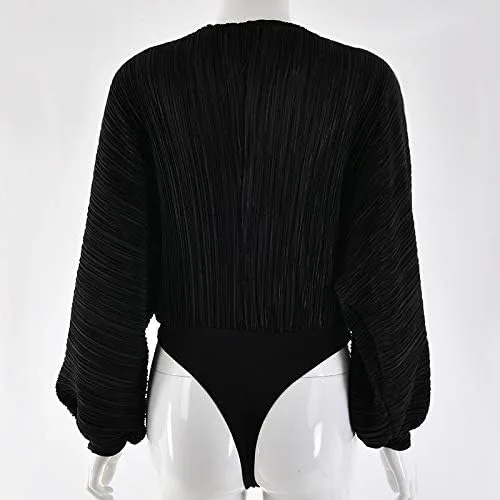 Vista 6 de Weigou - Body o enterizo de manga larga con cuello en V, plisado, holgado, para mujer, camisas de leotardo
