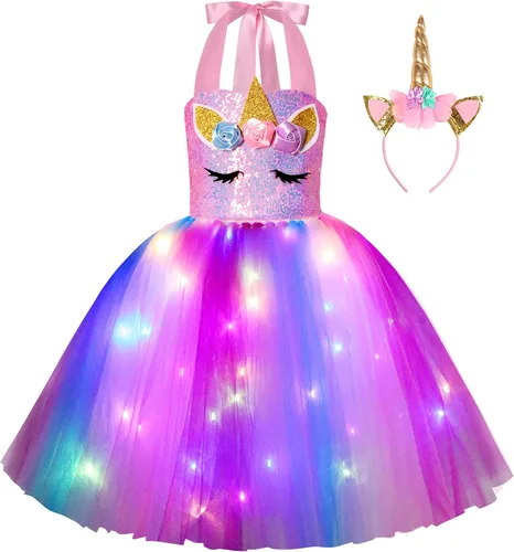 Unicorn Dress for Girls Unicorn Costume LED Light Up for Dress up Halloween Birthday Party Decoration Unicorn Gifts