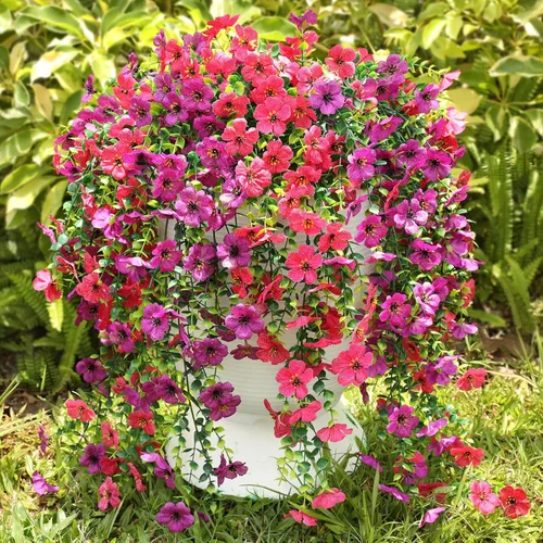 Vista 10 de Flores artificiales para exteriores, flores artificiales colgantes para decoración de otoño, 6 piezas resistentes a los rayos UV, flores de seda