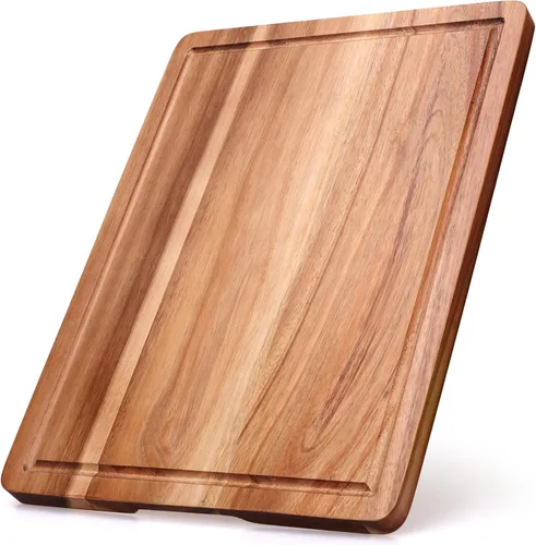 Tabla de cortar de madera de acacia para cocina, tabla de cortar de madera con mango lateral y ranura para jugo, tabla de tallar de 15 x 11
