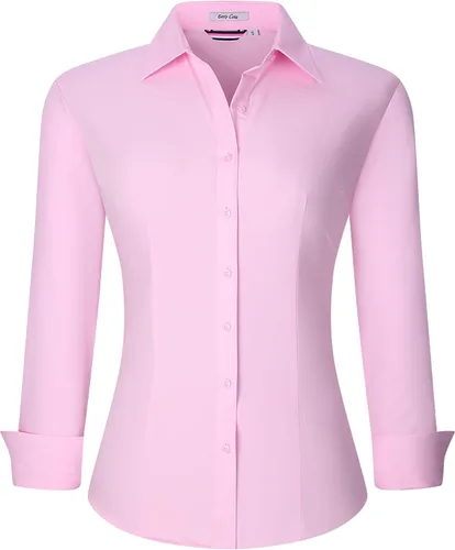 Vista 15 de WARHORSEE Camisa de botones de manga larga para mujer, camisas de vestir de trabajo, cuello en V, de fácil cuidado, elásticas, blusas casuales