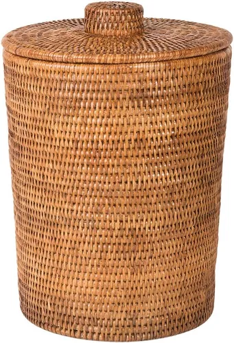 Kouboo La Jolla - Cesta de basura redonda de ratán con inserto de plástico y tapa, grande, color marrón miel para dormitorio, sala de estar y baño