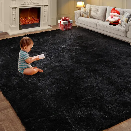 KNZE - Alfombras súper suaves para sala de estar de 5 x 7 pies, color negro. Alfombra de área esponjosa y peluda, antideslizante y rectangular de