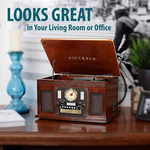Vista 7 de Victrola Aviator - Reproductor de discos Bluetooth 8 en 1 y centro multimedia con altavoces estéreo incorporados, tocadiscos de 3 velocidades