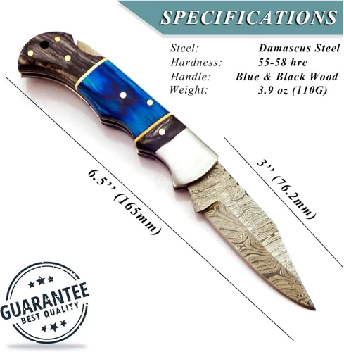 Vista 3 de AR Damascus - Cuchillo plegable de bolsillo hecho a mano para supervivencia al aire libre, hecho de mango de madera y acero de Damasco, junto