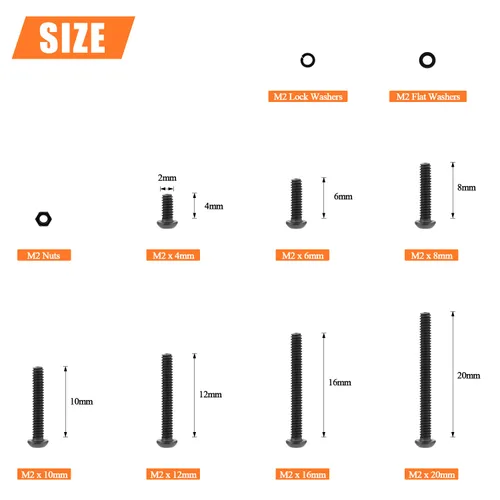 Vista 3 de HELIFOUNER 560 Piezas M2 x 4 mm / 6 mm / 8 mm / 10 mm / 12 mm / 16 mm / 20 mm, Kit de Tornillos de Cabeza de Botón con Arandelas y Tuercas, Acero
