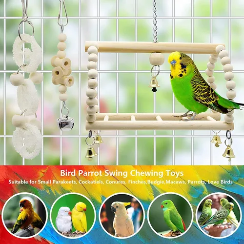Vista 2 de 7 paquetes de juguetes para masticar con columpio de loro para pájaros colgantes, juguetes de jaula para pájaros