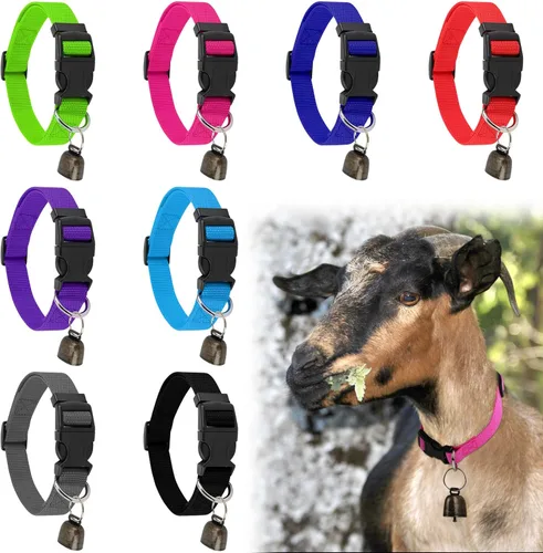 Paquete de 8 collares de cabra con campana, juego de collares de oveja ajustables con hebilla de liberación rápida, collar de nailon duradero