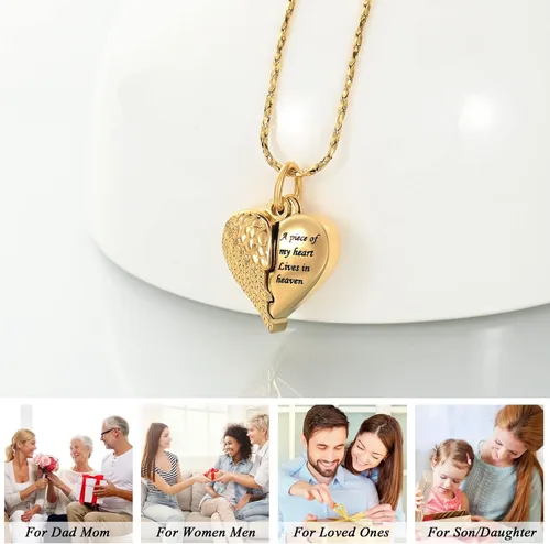 Vista 3 de Imrsanl Collar con dije de urna de cremación en forma de corazón para cenizas humanas – Un pedazo de mi corazón vive en el cielo