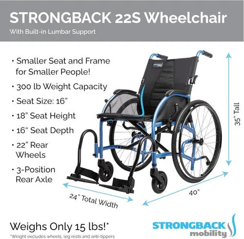 Vista 3 de Silla de ruedas plegable ligera, soporte lumbar ajustable integrado, promueve una columna vertebral saludable, STRONGBACK 22S, asiento de 16