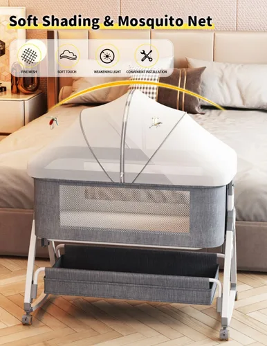 Vista 7 de bonbay Moisés de bebé, moisés de noche para bebé, 4 en 1, moisés portátil con ruedas, mosquitero y cesta de almacenamiento, cuna mecedora ajustable