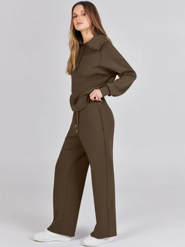 Vista 4 de Prinbara Conjunto deportivo de 2 piezas para mujer, para otoño, de gran tamaño, con media cremallera, sudadera de pierna ancha, conjunto de ropa