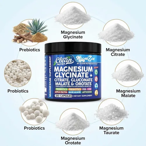 Vista 4 de Clean Nutra - Complejo suplemento de citrato de glicinato de magnesio, malato, orotato, taurato + 10 cepas probióticos de prebióticos FOS GOS