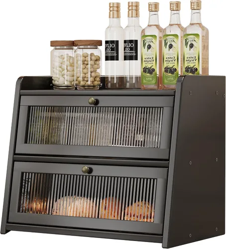 Panera de bambú grande de doble capa para encimera de cocina, contenedor de almacenamiento de pan de gran capacidad de madera con soporte para pan