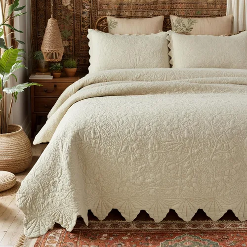 Brandream Queen Size Quilt Set Cotton Beige Quilts Luxury Farmhouse Bedding Set Matelasse Coverlet Scalloped Quilt Set 3-Piece