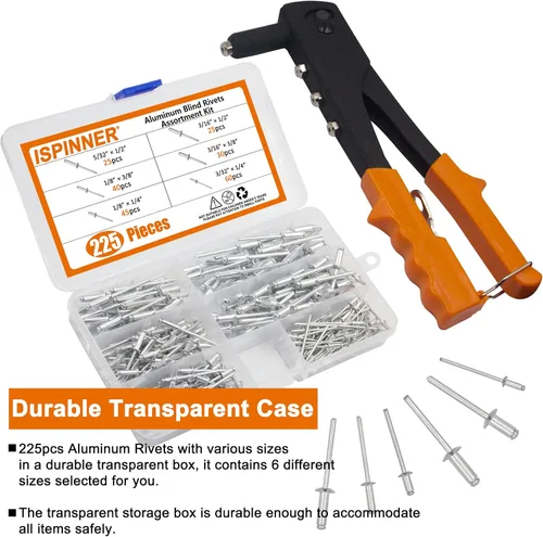 Vista 6 de ISPINNER Kit surtido de remaches ciegos de aluminio de 225 piezas con herramienta de remache manual resistente, 6 tamaños de remaches