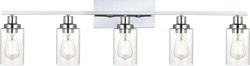 Vista 25 de MELUCEE Luminarias de baño de 4 luces con pantalla de vidrio transparente acabado cromado, luz de tocador moderna lámpara de montaje en pared