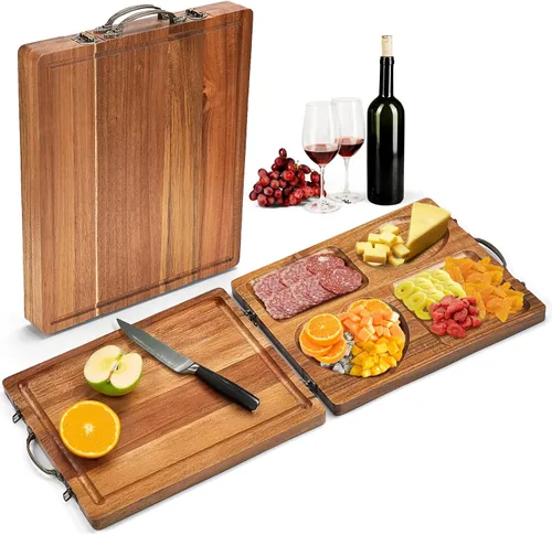 Double Side Acacia Wood Serving Tray, Serving Platters and Trays, Charcuterie Boards Wooden Tray with Vintage Metal Handles, Wooden Cutting Boards