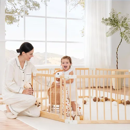 Vista 5 de Corralito de madera y patios de juego para bebés y niños pequeños, valla de juego para bebés de madera plegable de 57 * 57 pulgadas con puerta