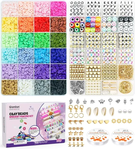 Vista 8 de Gionlion Kit de fabricación de pulseras de 6000 cuentas de arcilla, 24 colores de cuentas planas preppy para pulseras de amistad, cuentas de arcilla