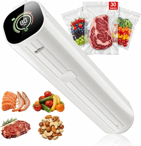 Sellador al vacío compacto para alimentos (máquina selladora al vacío + 30 bolsas de vacío reutilizables) Potente máquina selladora al vacío de