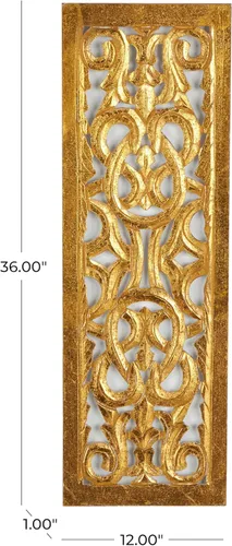 Vista 6 de Deco 79 Decoración de pared de madera floral hecha a mano para el hogar, escultura de pared arabesca tallada intrincadamente, arte de pared de 12 x
