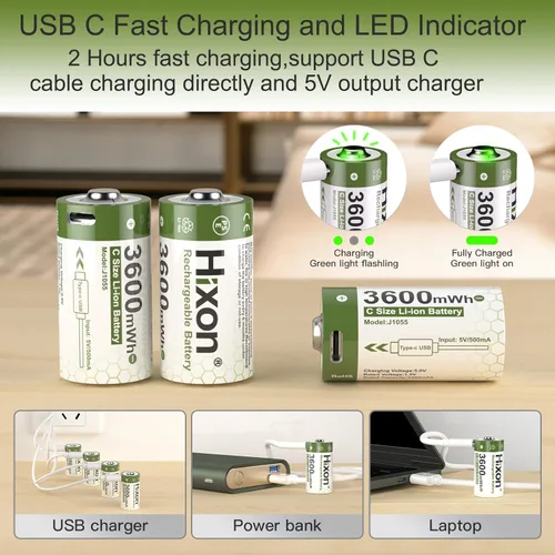 Vista 6 de Hixon Baterías de litio recargables USB de 1.5 V, tamaño C, batería C recargable de 3600 mWh, carga 2 horas, más de 1500 ciclos, cable de carga