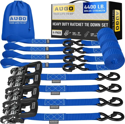 Vista 27 de AUGO Correas de trinquete retráctiles autobloqueantes 4 correas de amarre retráctiles de servicio pesado con autotensado con bucles suaves y bolsa