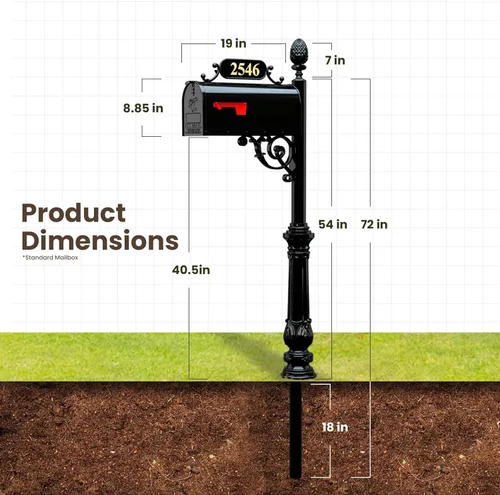 Vista 4 de ADDRESSES OF DISTINCTION Charleston sistema de buzón y poste – Buzón negro resistente a la oxidación – Incluye placa de dirección, números