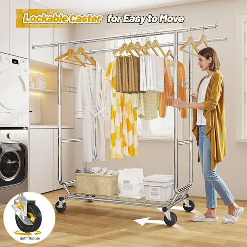 Vista 4 de Raybee Perchero de carga de 620 libras, almacenamiento de ropa de metal con estante y ruedas resistentes, estante de ropa rodante para dormitorio
