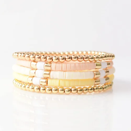 Vista 2 de Pulseras de cuentas de arcilla estilo heishi surfista para mujer, con discos de vinilo y dije de mal de ojo, apilables, pulseras elásticas