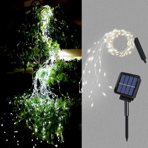 Vista 10 de ANGMLN Luces de cuerda solares verdes al aire libre, 200 LEDs 8 modos luces de hadas en cascada al aire libre impermeables, decoración verde