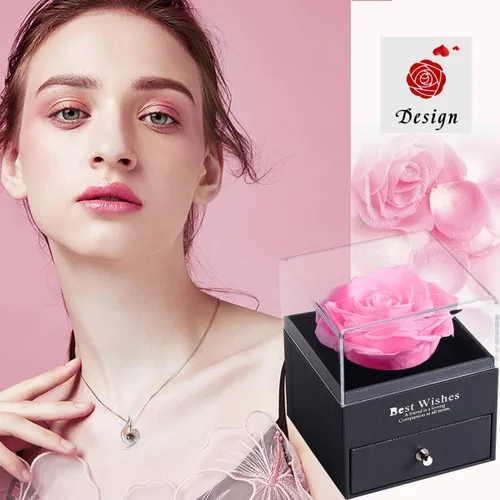 Vista 5 de Caja de rosa preservada con collar de 100 piezas de Love You, rosa eterna real con colgante de plata de ley para mujer, regalo de rosa encantada