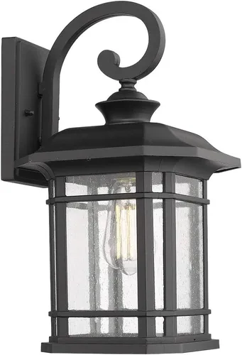 Emliviar Aplique de pared exterior para casa, aplique de pared exterior de 1 luz, acabado negro con vidrio transparente sembrado, 17 pulgadas de