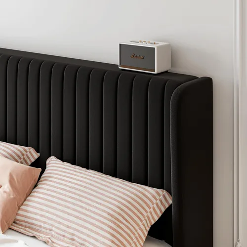 Vista 4 de SHA CERLIN Base de cama de terciopelo de tamaño matrimonial con cabecera capitoné de canal vertical, plataforma tapizada con listones de madera,